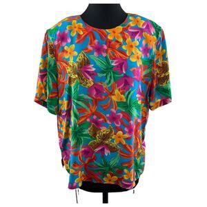 VINTAGE Galinda Multi Top Silk Tropical Floral Crew Classic Pullover Tee Size 1X